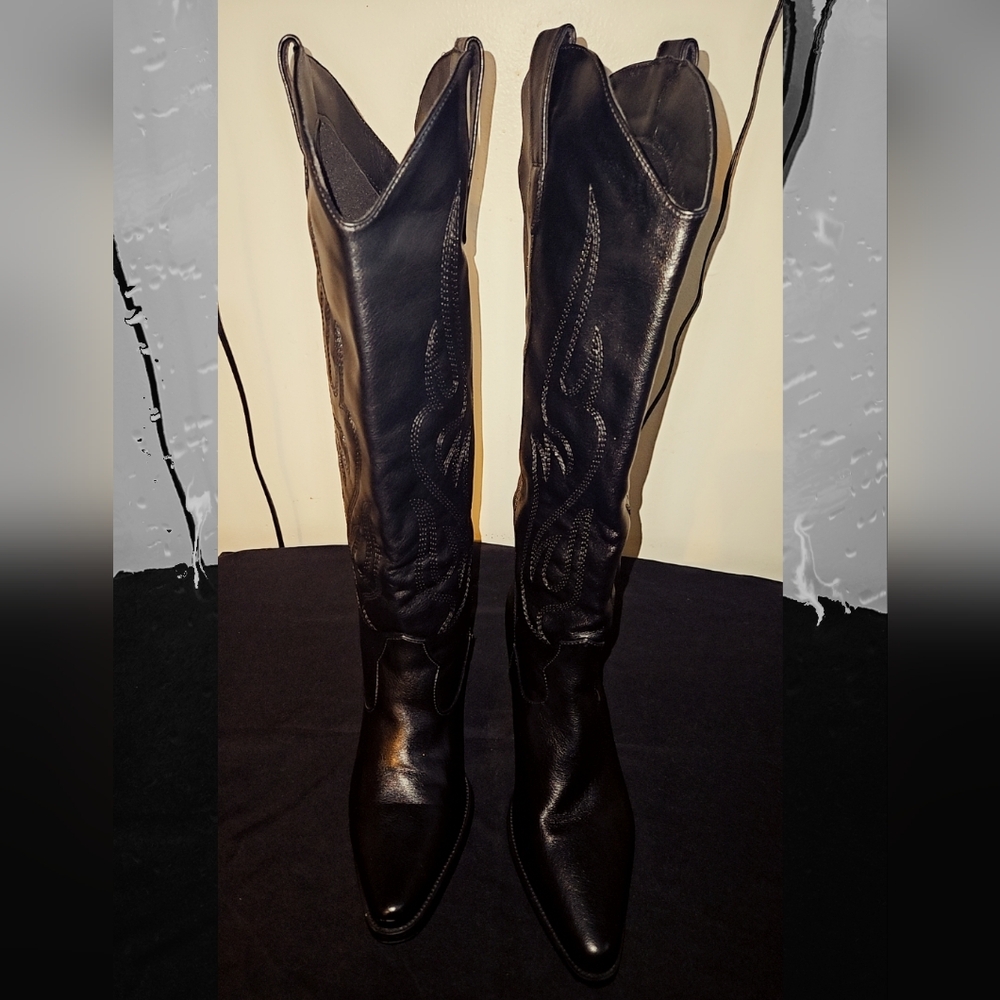 Women's Black Knee Length Cowboy Boots